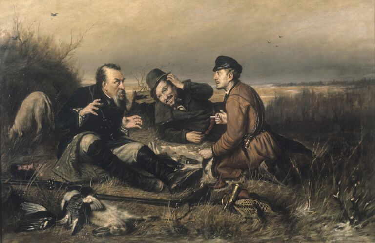 Репродукция картины Охотники на привале художника Василия Григорьевича Перова