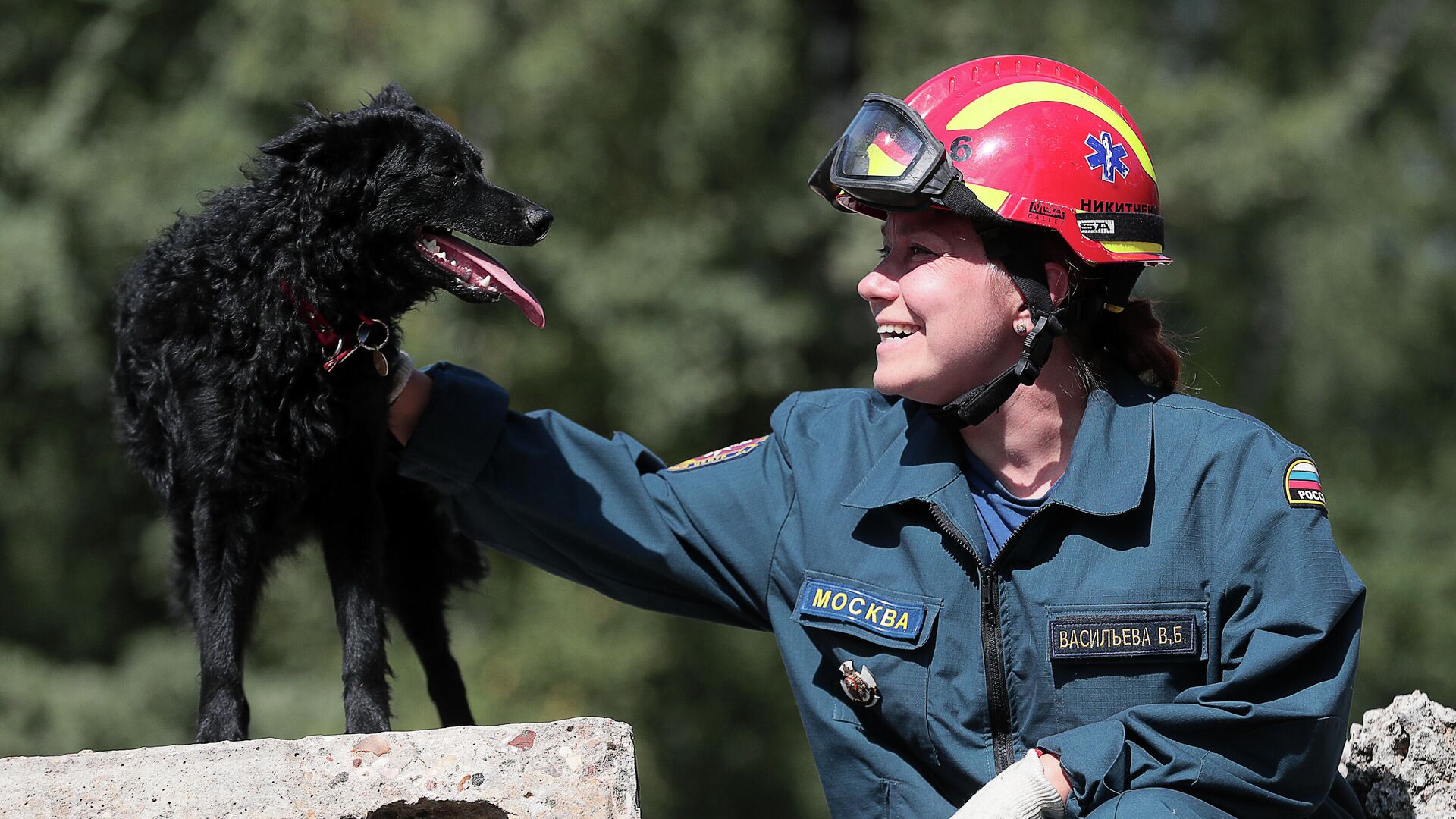 Сотрудник МЧС со служебной собакой во время тренировки в учебно-тренировочном центре в деревне Апаринки - РИА Новости, 1920, 07.09.2020