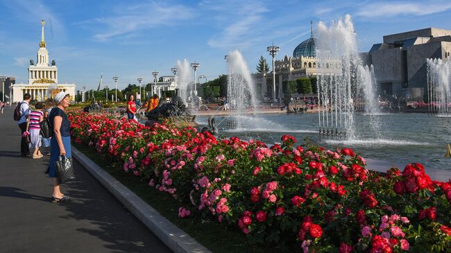 Отдыхающие на территории парка ВДНХ в Москве