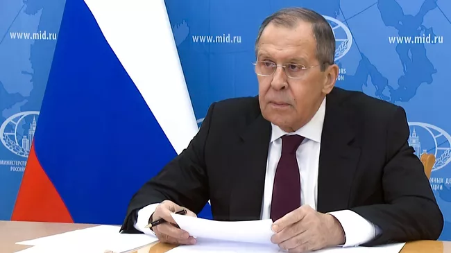 Министр иностранных дел РФ Сергей Лавров во время заседания в режиме видеоконференции с Советом Безопасности ООН