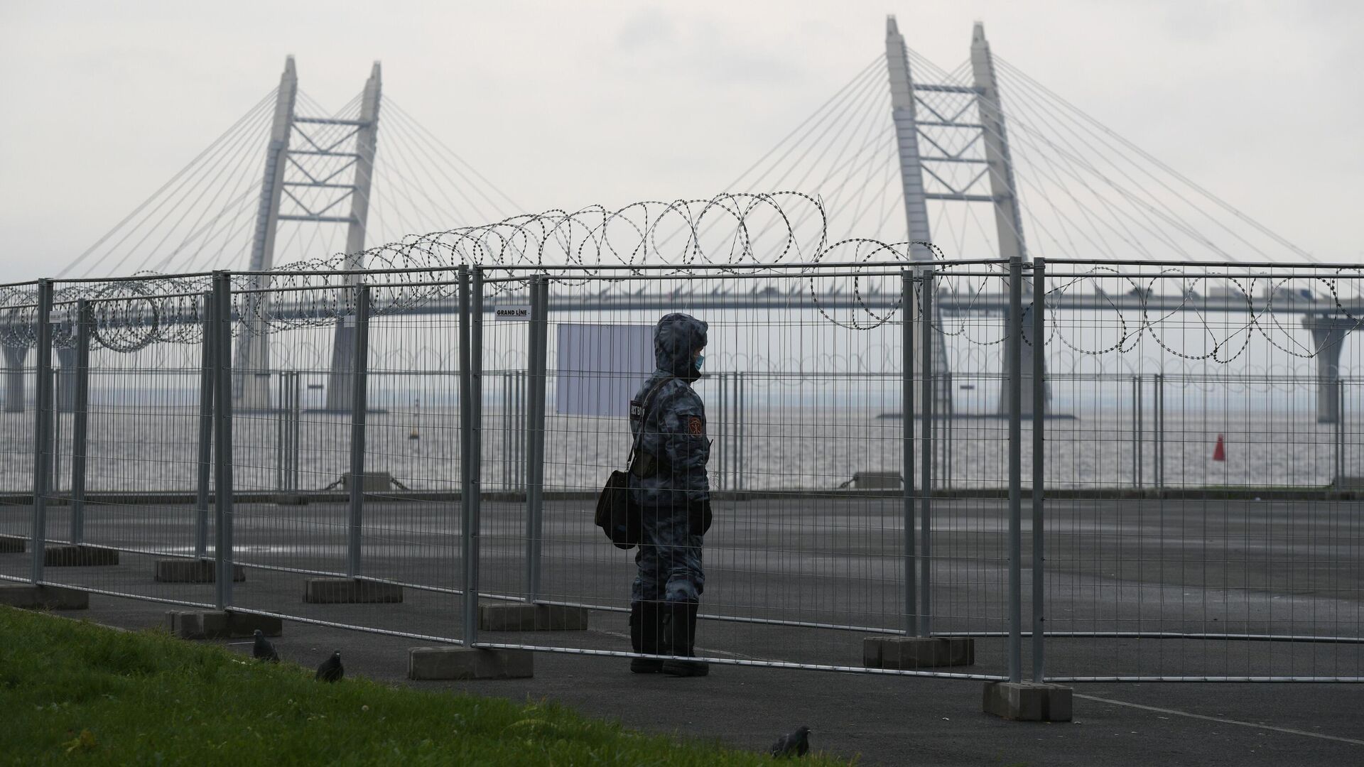 Сотрудник Росгвардии у павильона №5 временного госпиталя Ленэкспо для пациентов с COVID-19 в Санкт-Петербурге - РИА Новости, 1920, 29.01.2021