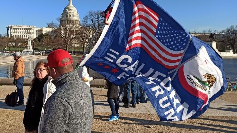 Мужчина с флагом сторонников Дональда Трампа на Капитолийском холме в Вашингтоне - РИА Новости, 1920, 08.11.2021