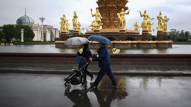 Прохожие гуляют на территории ВДНХ в Москве