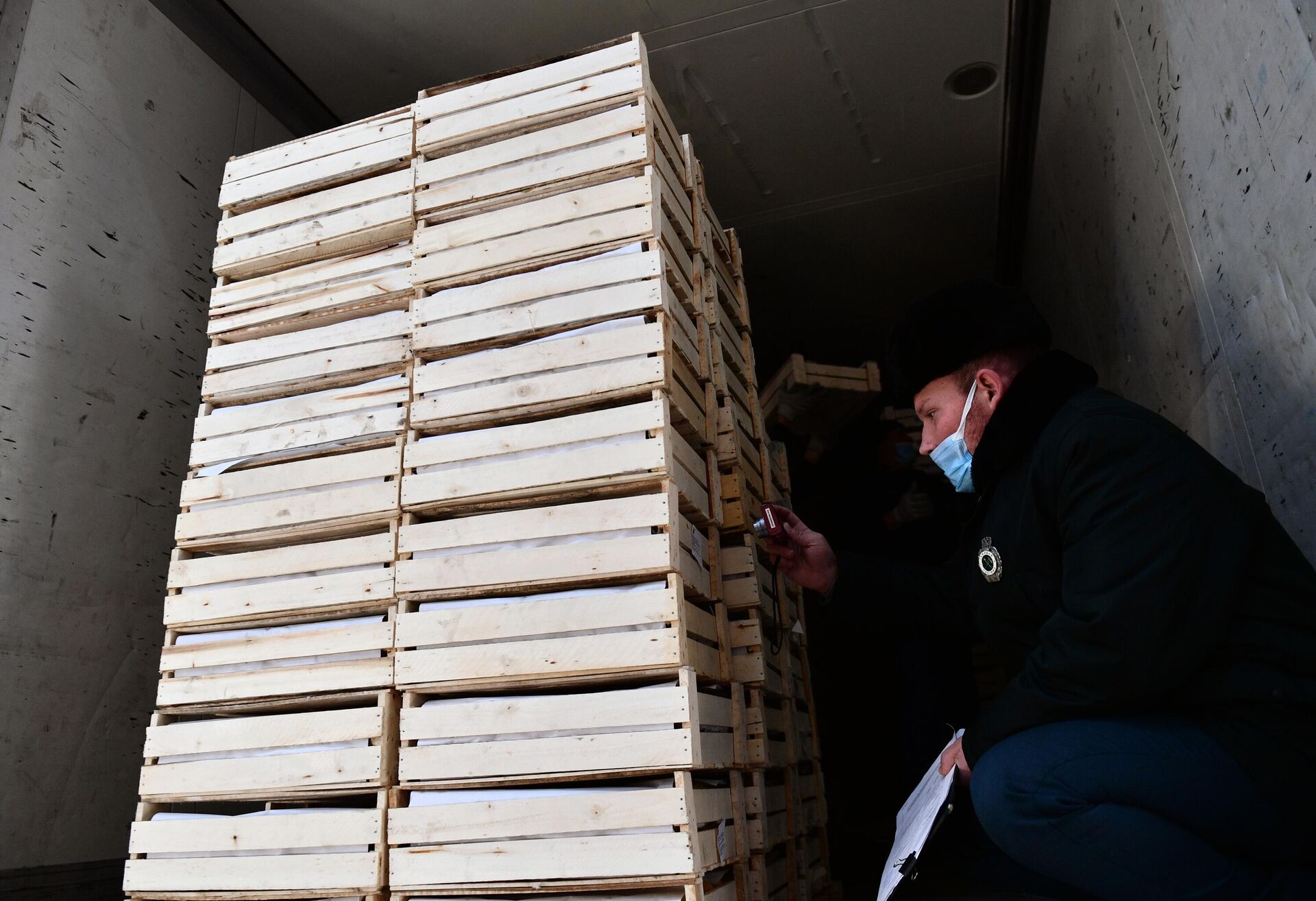 Сотрудник погранично-таможенной службы проводит досмотр ящиков с фруктами на Октябрьском таможенном посту в Екатеринбурге - РИА Новости, 1920, 13.10.2022
