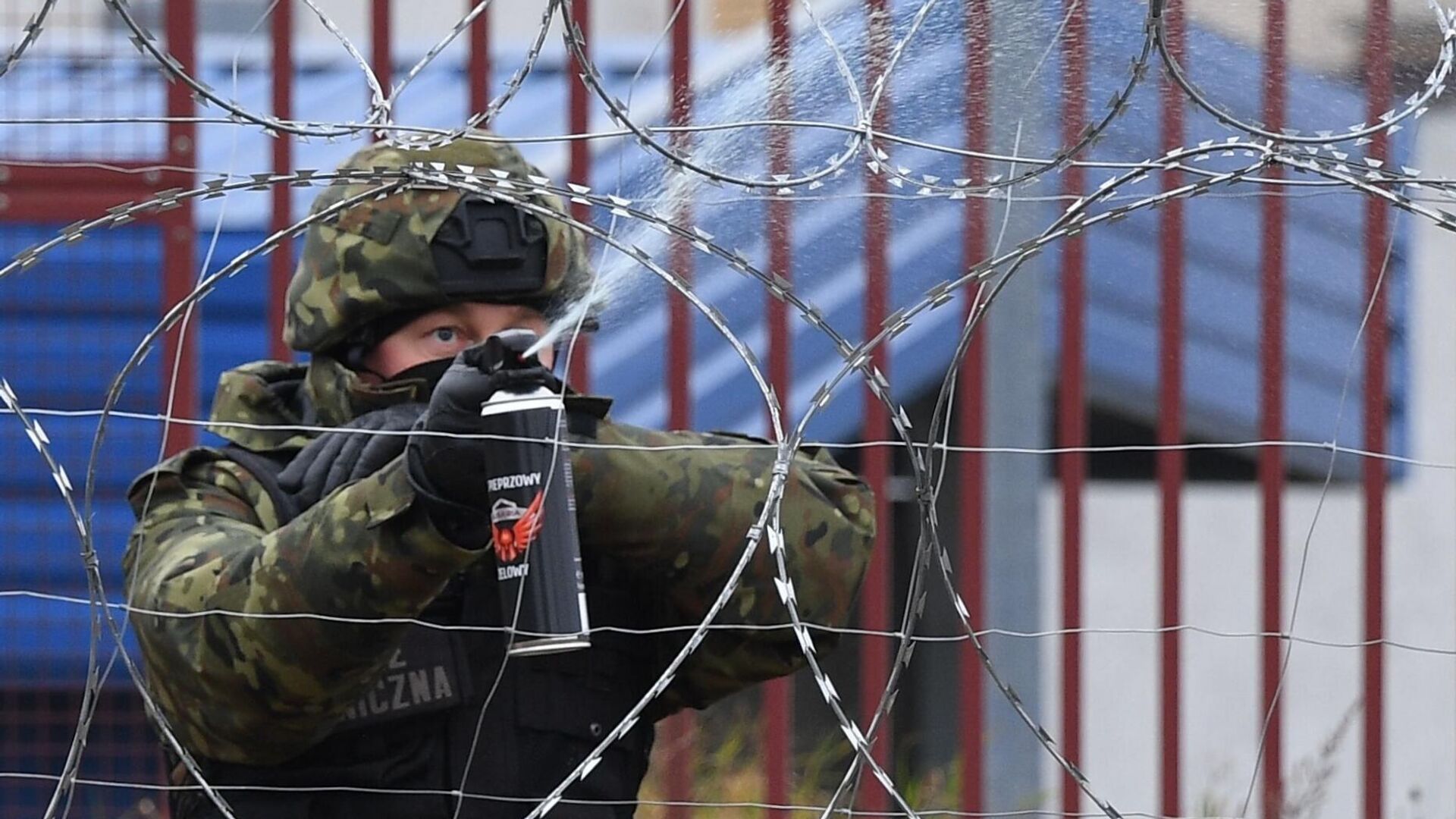 Польский военнослужащий распыляет спецсредство у проволочных заграждений на белорусско-польской границе  в районе погранперехода Брузги - Кузница - РИА Новости, 1920, 16.11.2021