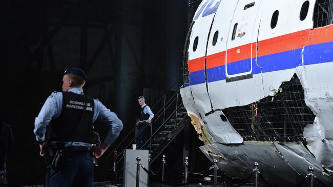 Реконструированные обломки рейса MH17 авиакомпании Malaysia Airlines на авиабазе Гильзе-Рейен, Нидерланды