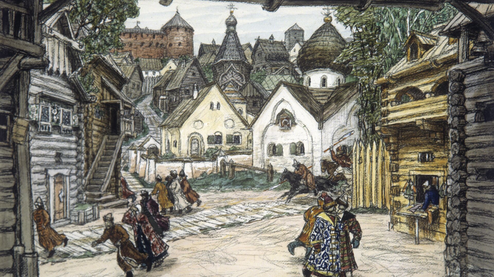Репродукция эскиза Улица в городе - декорации к опере П.И. Чайковского Опричник - РИА Новости, 1920, 03.02.2022