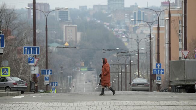 Женщина на одной из улиц в Донецке. Архивное фото