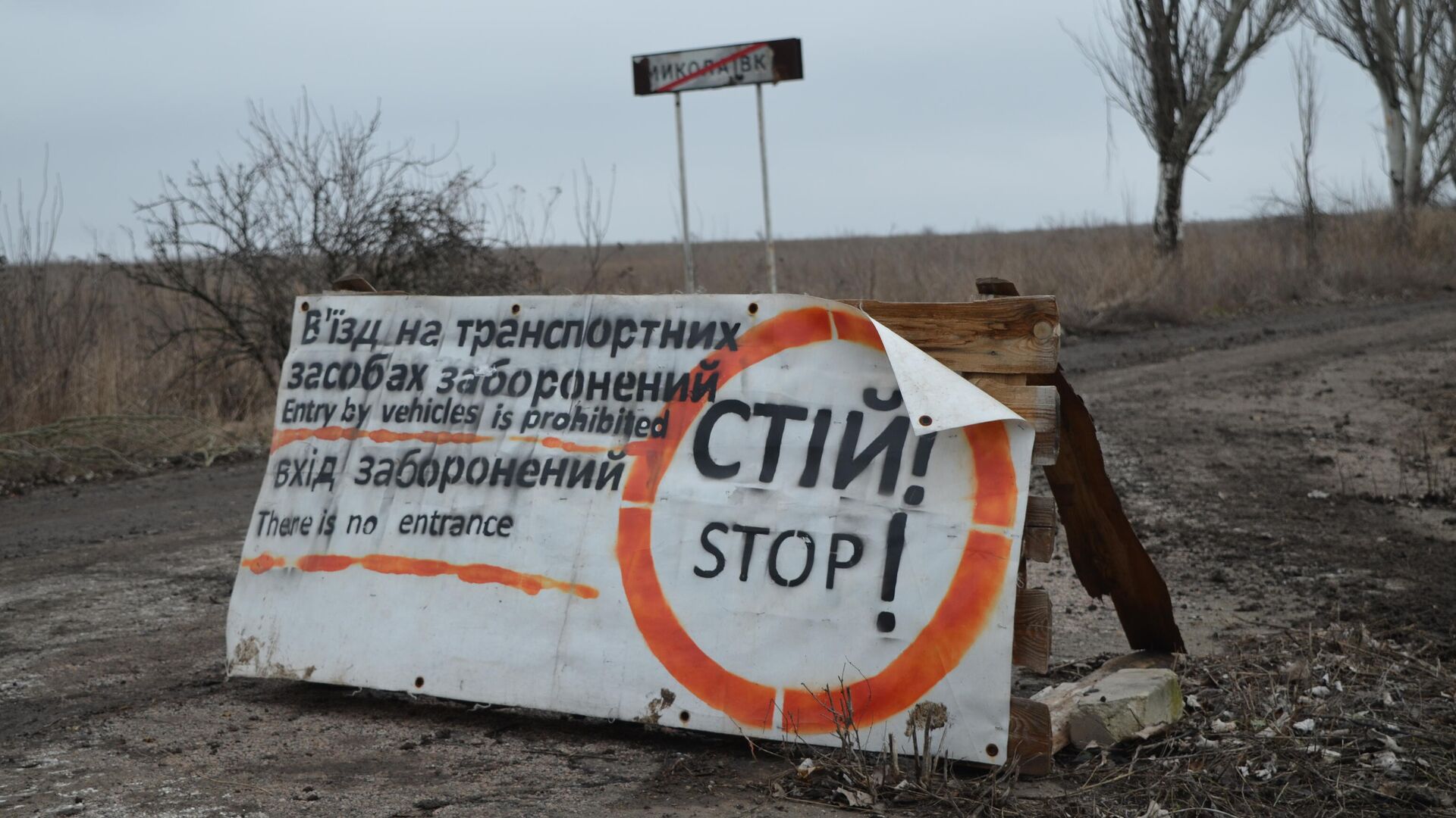 Плакат ВСУ у въезда в село Николаевка - РИА Новости, 1920, 28.02.2022