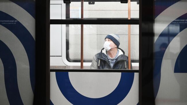 Пассажир в вагоне поезда московского метрополитена