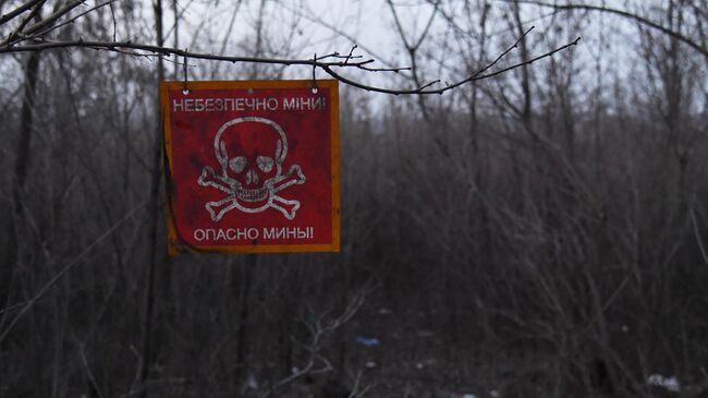Вывеска с предупреждением о минах на передовой в зоне проведения специальной военной операции. Архивное фото