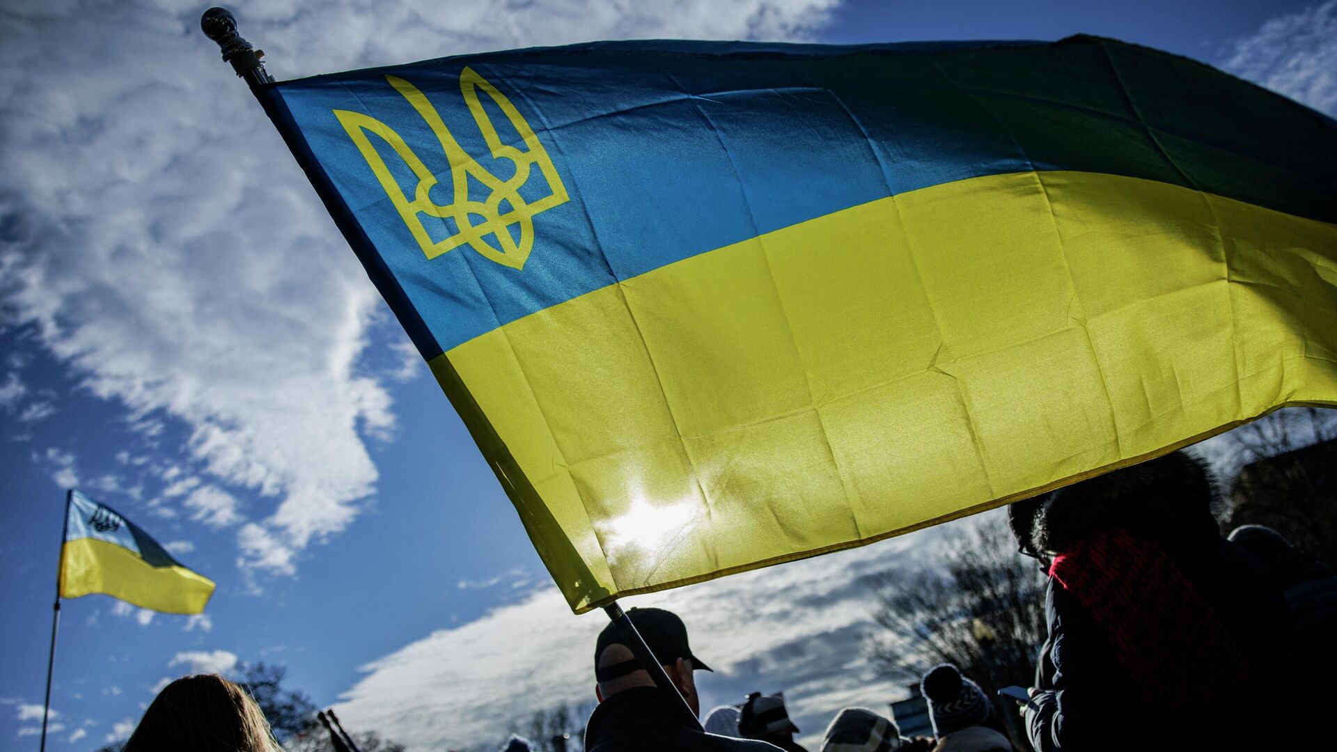 Люди держат украинские флаги во время митинга в поддержку Украины на Пенсильвания-авеню перед Белым домом в США - РИА Новости, 1920, 08.04.2022