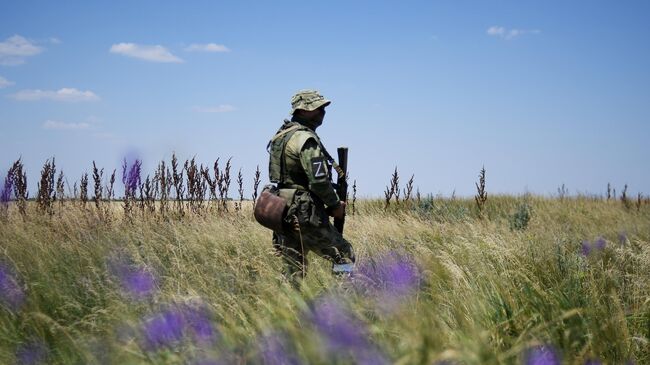 Военнослужащий ВС РФ во время сбора урожая пшеницы в Мелитопольском районе Запорожской области