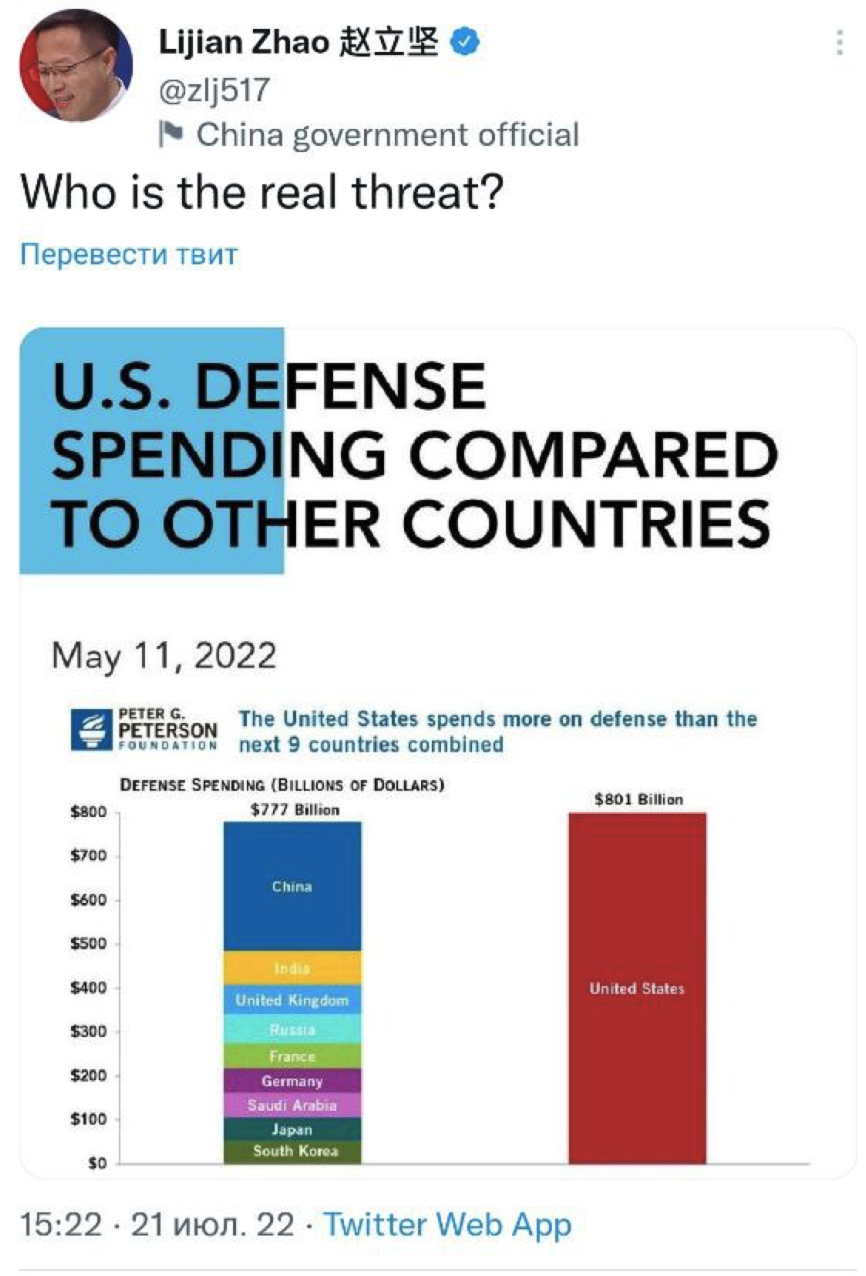 Публикация заместителя директора Департамента информации МИД КНР Чжао Лицзяня в соцсети - РИА Новости, 1920, 22.07.2022