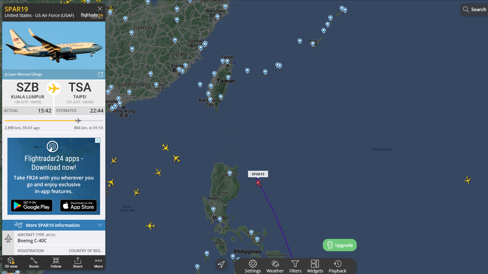 Скриншот маршрута спецборта ВВС США (Flightradar24) - РИА Новости, 1920, 02.08.2022