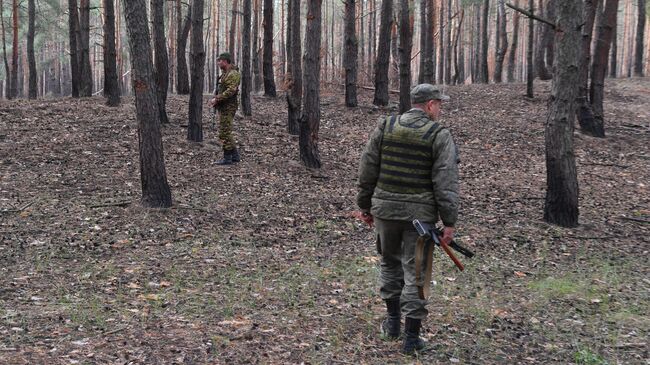 Бойцы казачьего полка Народной милиции ЛНР возле позиций в лесу на окраинах Красного Лимана в ДНР