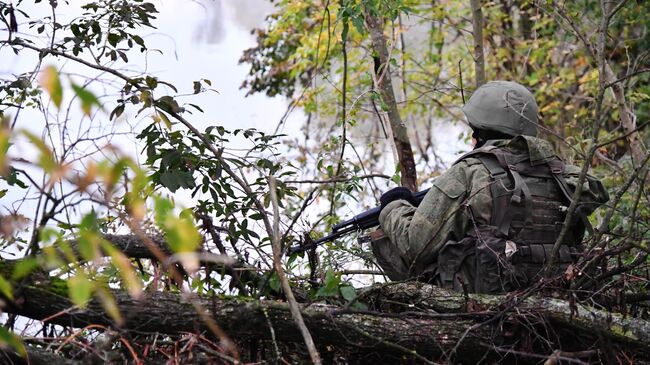 Разведчик ЧВК Вагнер производит разведку местности на линии боевого соприкосновения, выявляет места скопления противника.