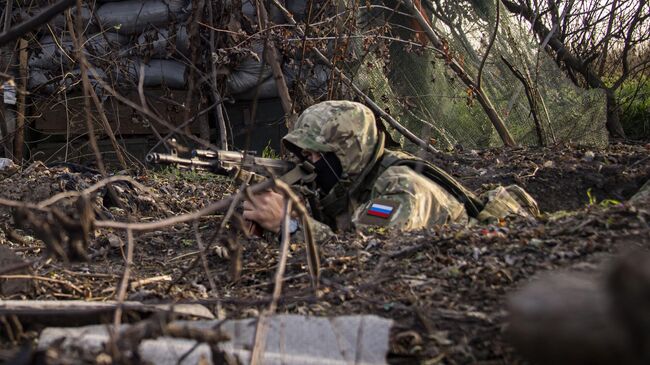 Боец добровольческого отряда Крым недалеко от линии боевого соприкосновения в Запорожской области