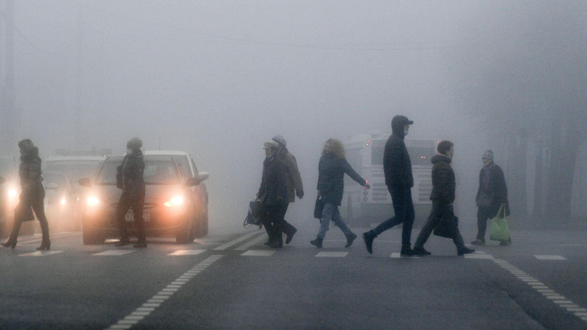 Люди переходят автомобильную дорогу во время тумана в Москве - РИА Новости, 1920, 25.02.2023