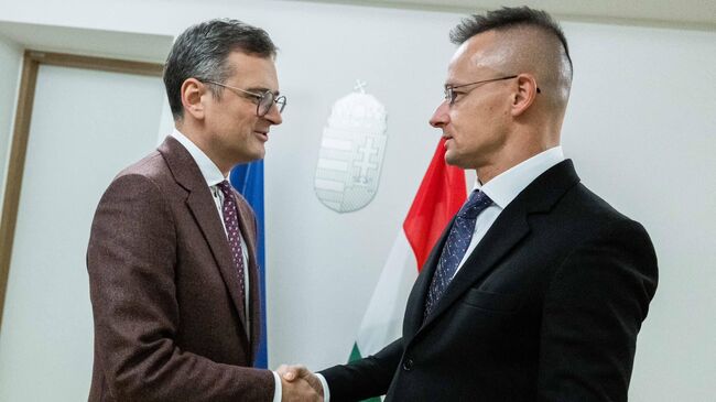 Главы МИД Венгрии и Украины Петер Сийярто и Дмитрий Кулеба во время встречи в Брюсселе
