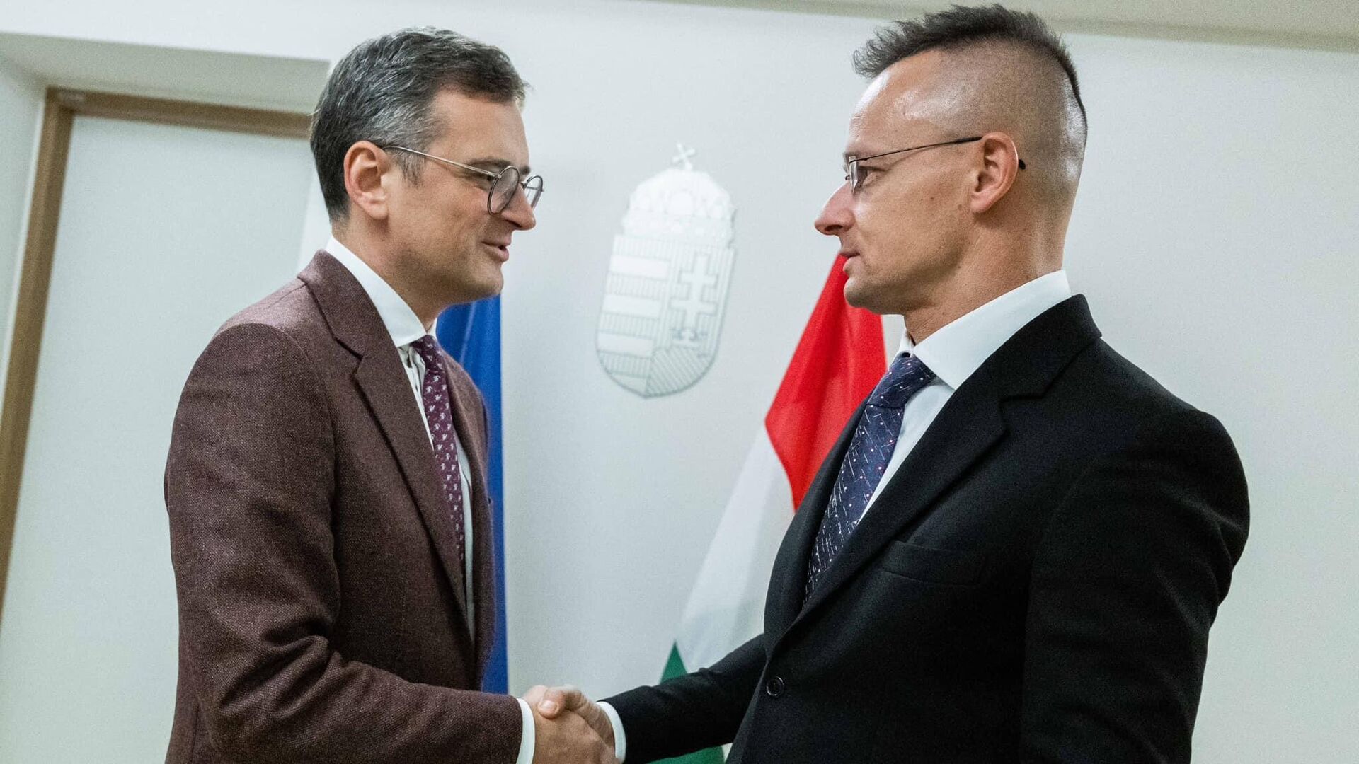 Главы МИД Венгрии и Украины Петер Сийярто и Дмитрий Кулеба во время встречи в Брюсселе - РИА Новости, 1920, 29.01.2024