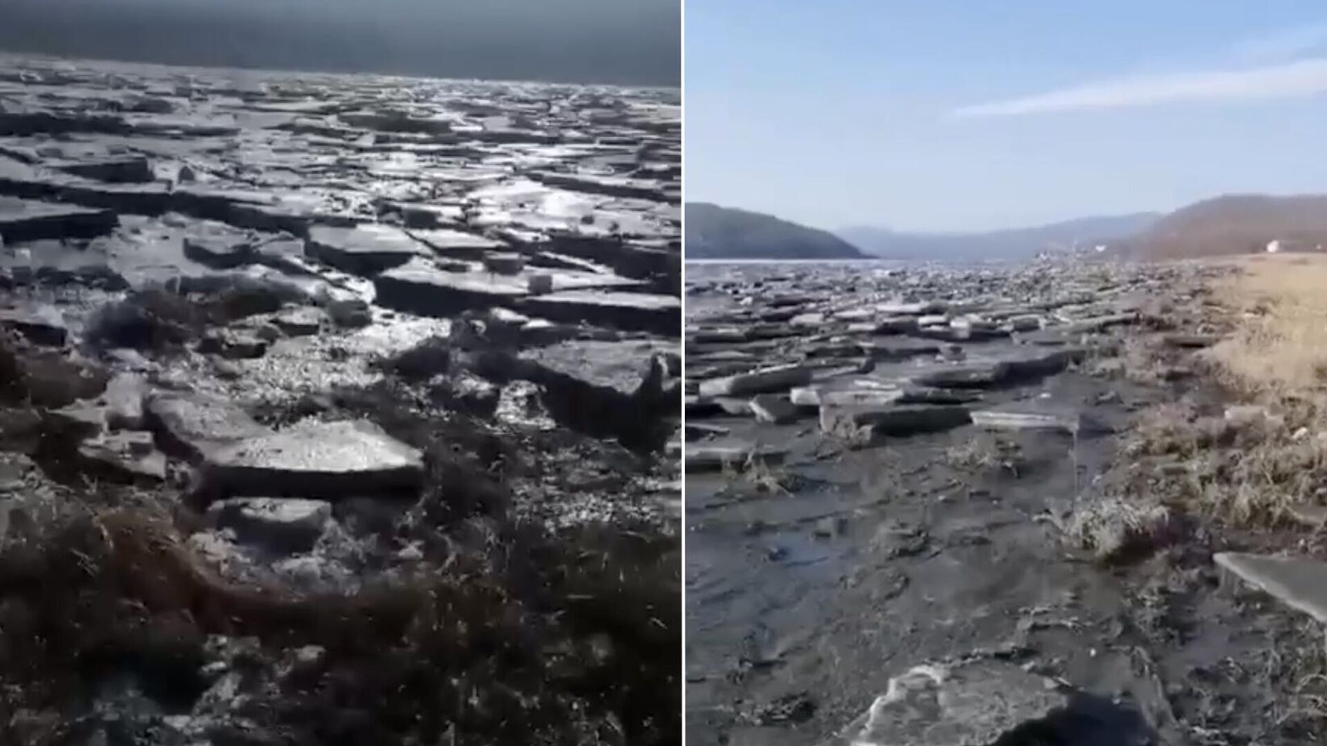 Стоп-кадр видео, размещенного жительницей Лазовского района Приморья, на котором видны огромные куски льда и валуны Стоп-кадр видео, размещенного жительницей Лазовского района Приморья, на котором видны огромные куски льда и валуны - РИА Новости, 1920, 02.01.2024