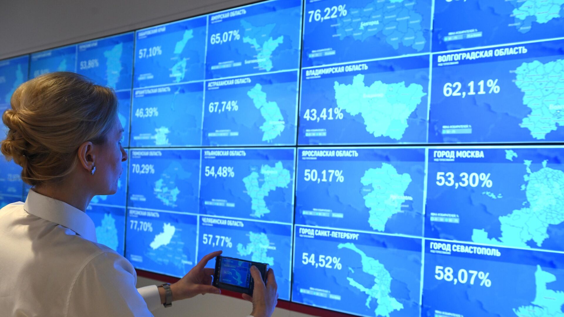 Экраны в Информационном центре Центральной избирательной комиссии РФ с информацией о ходе голосования на выборах президента РФ. Архивное фото - РИА Новости, 1920, 18.03.2024