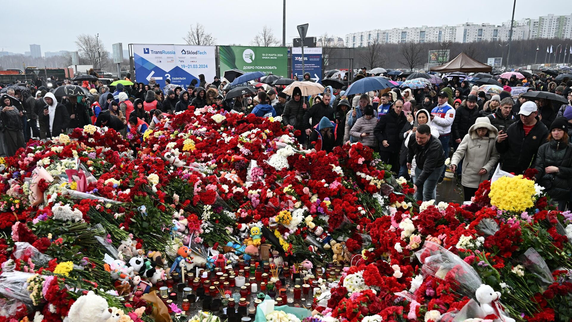 Люди возлагают цветы к стихийному мемориалу возле подмосковного Крокус Сити Холла в память о жертвах теракта. Архивное фото - РИА Новости, 1920, 25.03.2024