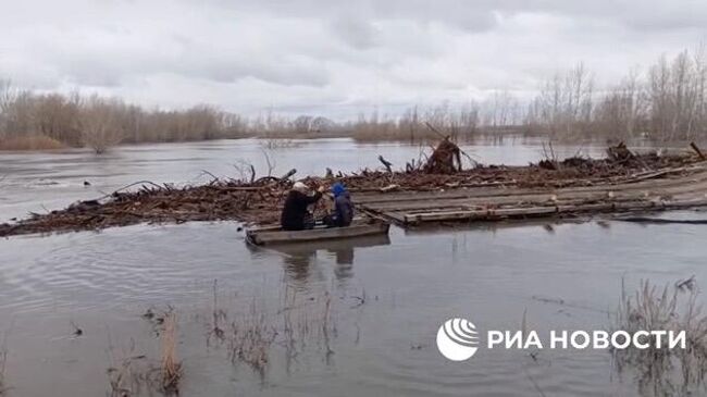 Мощное течение Тобола смыло и прибило к берегу понтонный мост в деревне под Курганом