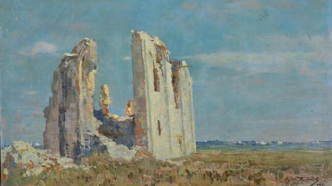Церковь Спаса Преображения на Нередице. Вид руин. Рисунок С. Герасимова, 1944. Из собрания Музея архитектуры им. А. В. Щусева