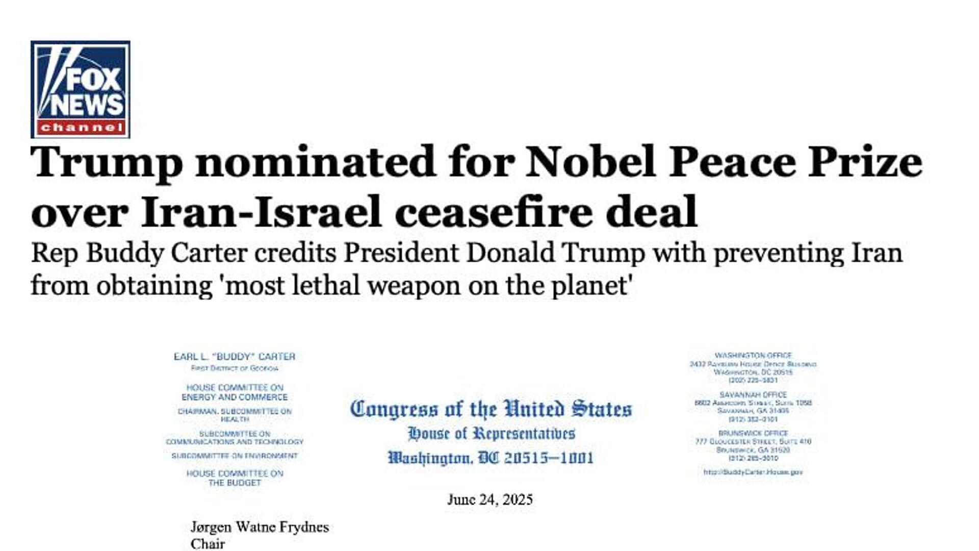 Обращение конгрессмена Картера к Нобелевскому комитету с просьбой номинировать Трампа на Нобелевскую премию мира - РИА Новости, 1920, 24.06.2025