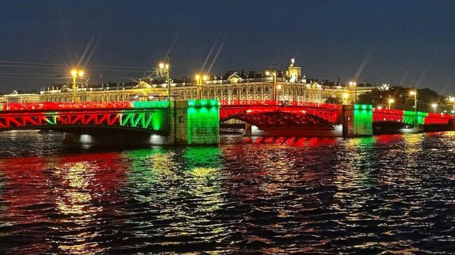 Подсветка моста в цвет пограничного флага в СПб