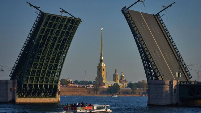 Вид на разведенный Дворцовый мост в Санкт-Петербурге