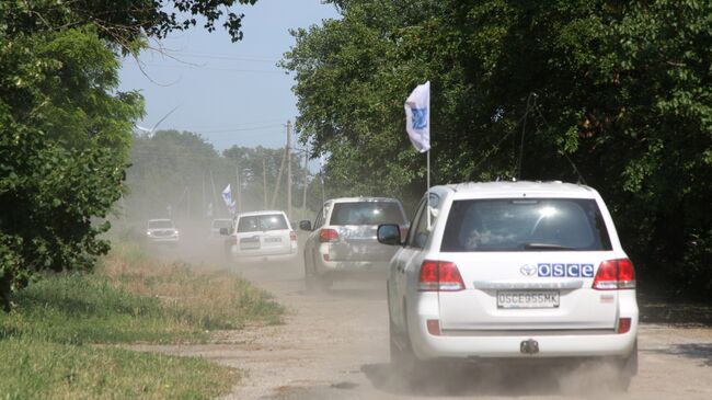 Кортеж патрулей миссии ОБСЕ в прифронтовом населенном пункте Саханка, расположенном в самопровозглашенной ДНР. 20 июня 2017