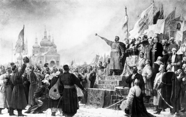 Репродукция рисунка Переяславская рада. Богдан Хмельницкий выступает за воссоединение Украины и России. Репродукция рисунка Переяславская рада. Богдан Хмельницкий выступает за воссоединение Украины и России.