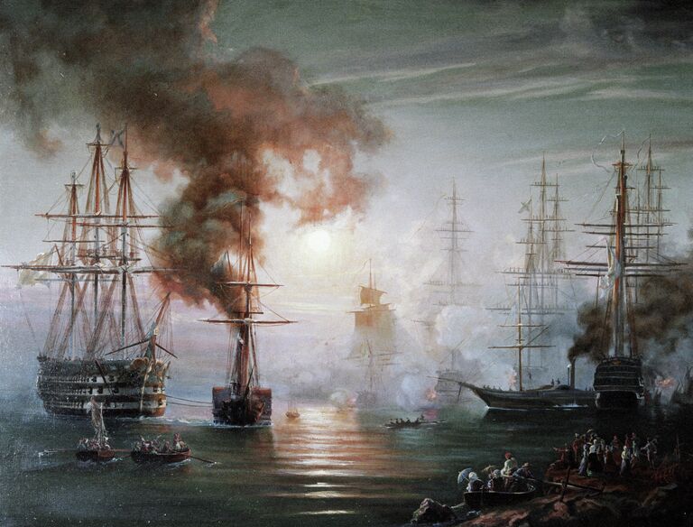 Репродукция картины Возвращение в Севастополь эскадры Черноморского флота после Синопского боя работы художника Н.П. Красовского