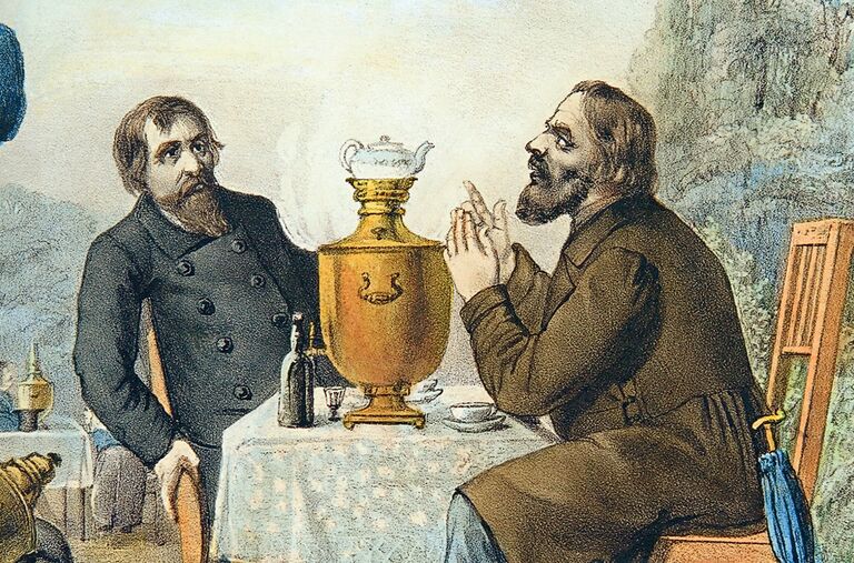 Фрагмент литографии Чаепитие купцов в Москве 1857 Фрагмент литографии Чаепитие купцов в Москве 1857