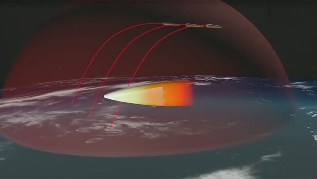 Изображение российского ракетного комплекса стратегического назначения с гиперзвуковым планирующим крылатым блоком, продемонстрированное во время трансляции послания президента РФ Владимира Путина Федеральному собранию