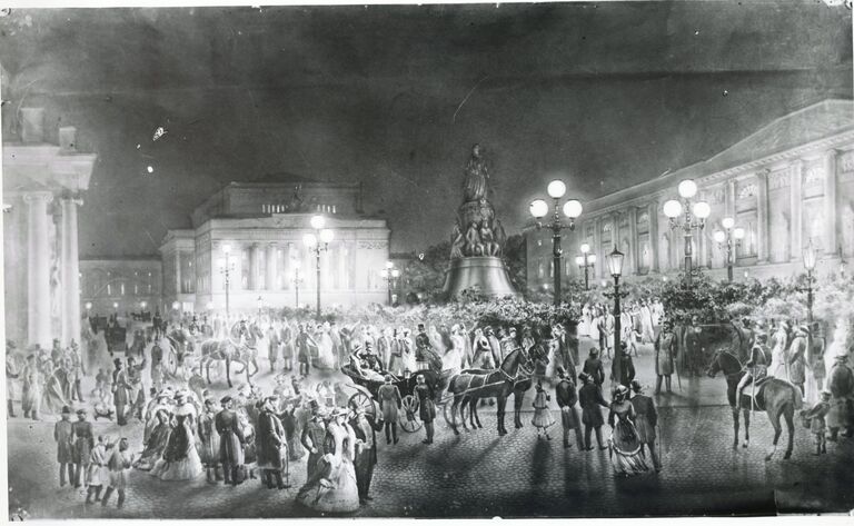 Фонари со свечами Яблочкова на Александринской площади в Петербурге Фонари со свечами Яблочкова на Александринской площади в Петербурге