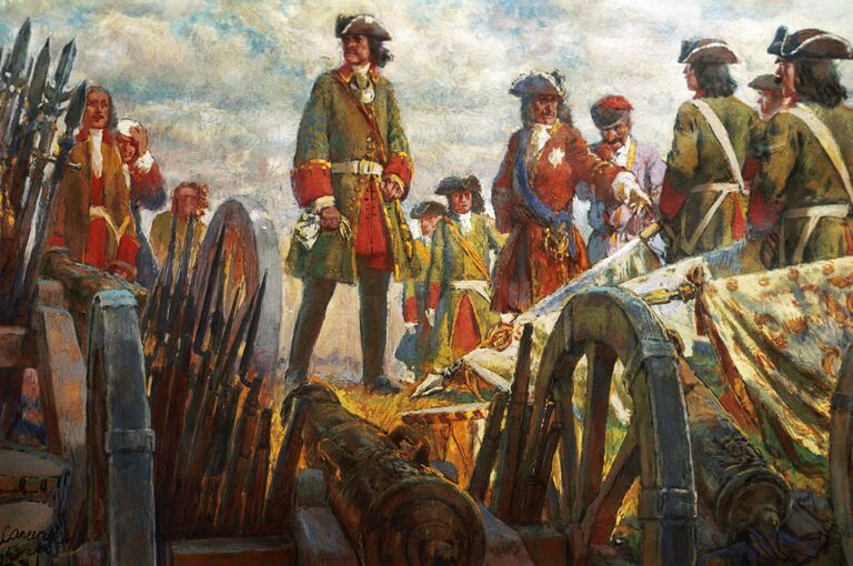 Репродукция иллюстрации Полтавская победа (гуашь), написанной художником Евгением Лансере в 1942 году, из собрания Государственной Третьяковской галереи Репродукция иллюстрации Полтавская победа (гуашь), написанной художником Евгением Лансере в 1942 году, из собрания Государственной Третьяковской галереи