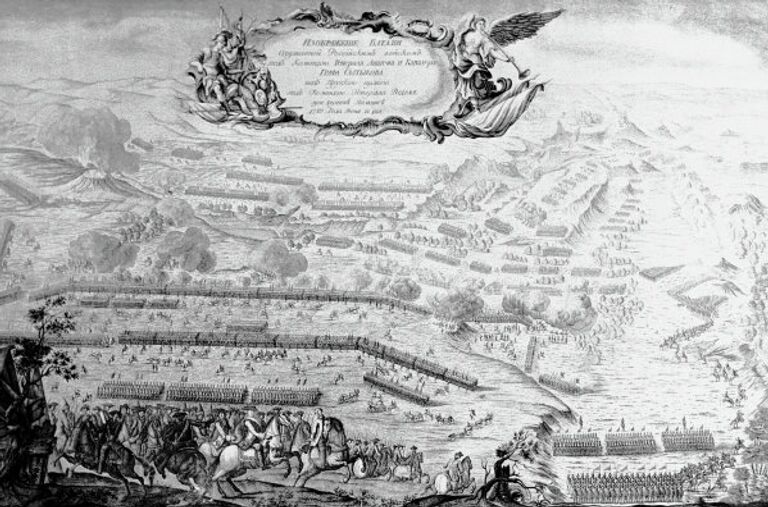 Семилетняя война 1756-1763 годов. Битва при Пальциге 12 июня 1759 года. Гравюра Н.Саблина