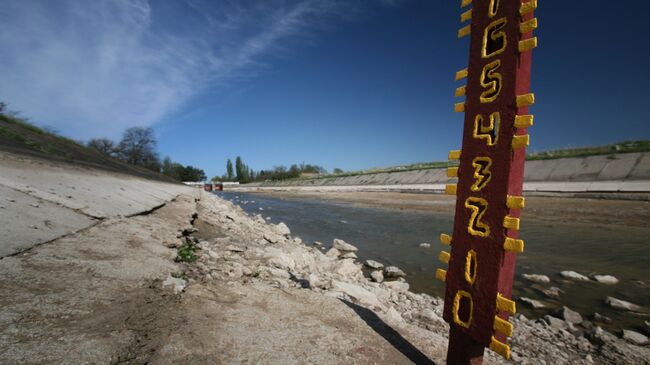 Мерные уровни, показывающие полное отсутствие воды в Северо-Крымском канале уже в 20 километрах от первой насосной станции. 27 апреля 2014 года