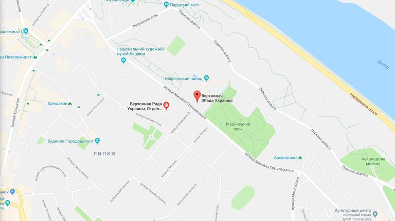  Снимок экрана сервиса Google Maps с переименованными названиями Верховной Рады Украины в Верховную Зраду Украины