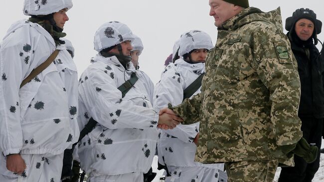 Президент Украины Петр Порошенко во время военных учений в Черниговской области