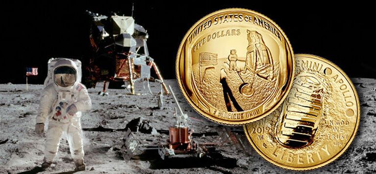 Пятидолларовая золотая юбилейная монета в честь 50-й годовщины миссии Апполон-11
