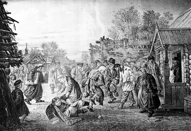 Репродукция иллюстрации рисунка с картины Л. И. Соломаткина Деревня старит - кабак новит 