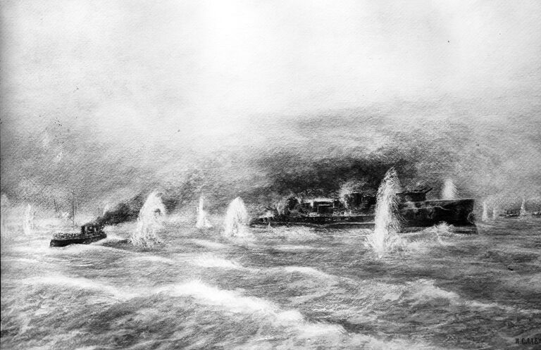 Картина Николая Евстафьевича Славинского (1839-1918). Один из эпизодов Цусимского сражения.