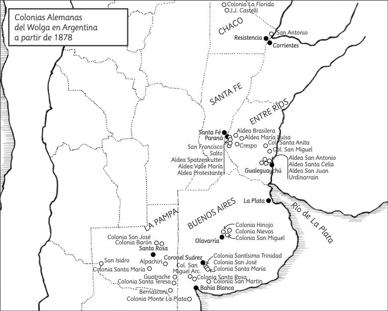 Карта населенных пунктов поволжских немцев в Аргентине.