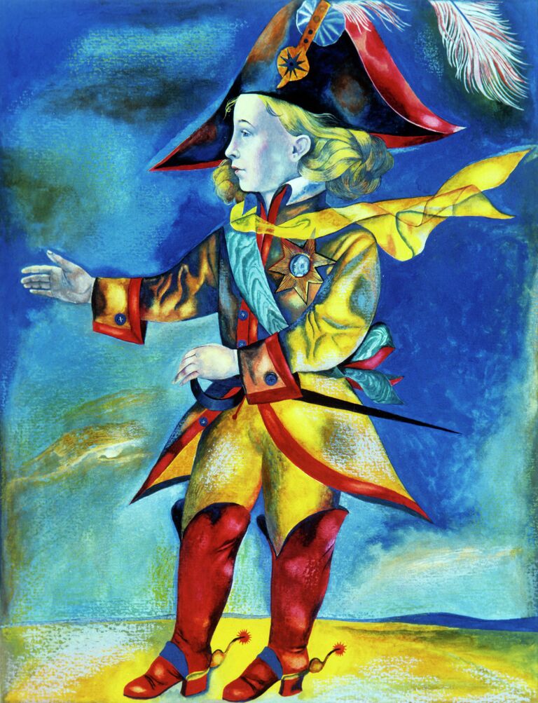 Иллюстрация к сказке Антуана де Сента-Экзюпери Маленький принц. Художник А. Кошкин. Темпера, акварель, гуашь. Репродукция.