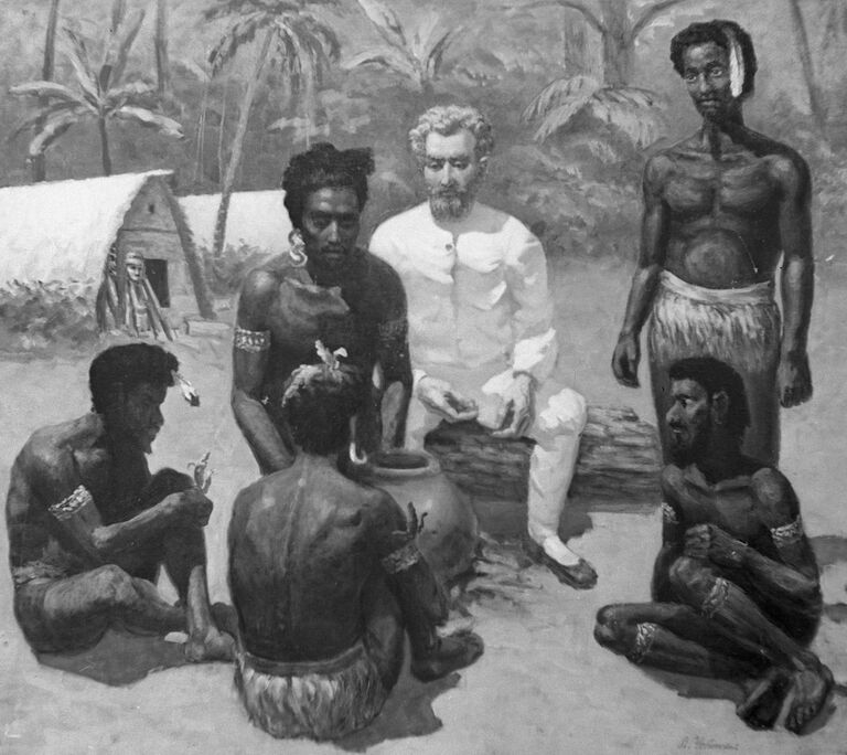 Репродукция картины Миклухо-Маклай среди папуасов работы художника Л. Успенского